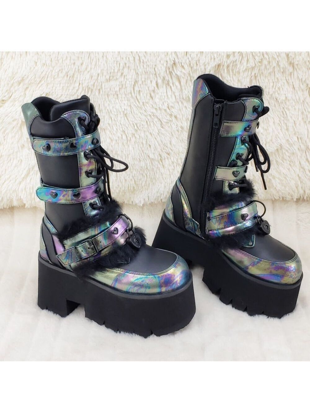 Ash Goth Punk Furry Mid Calf Platform Boots - Picture 1 of 15